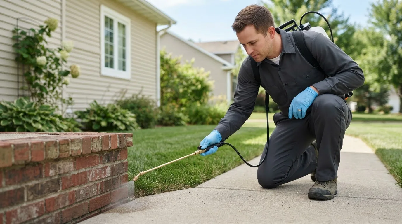 Pest control technician treating a home near Stout, OH