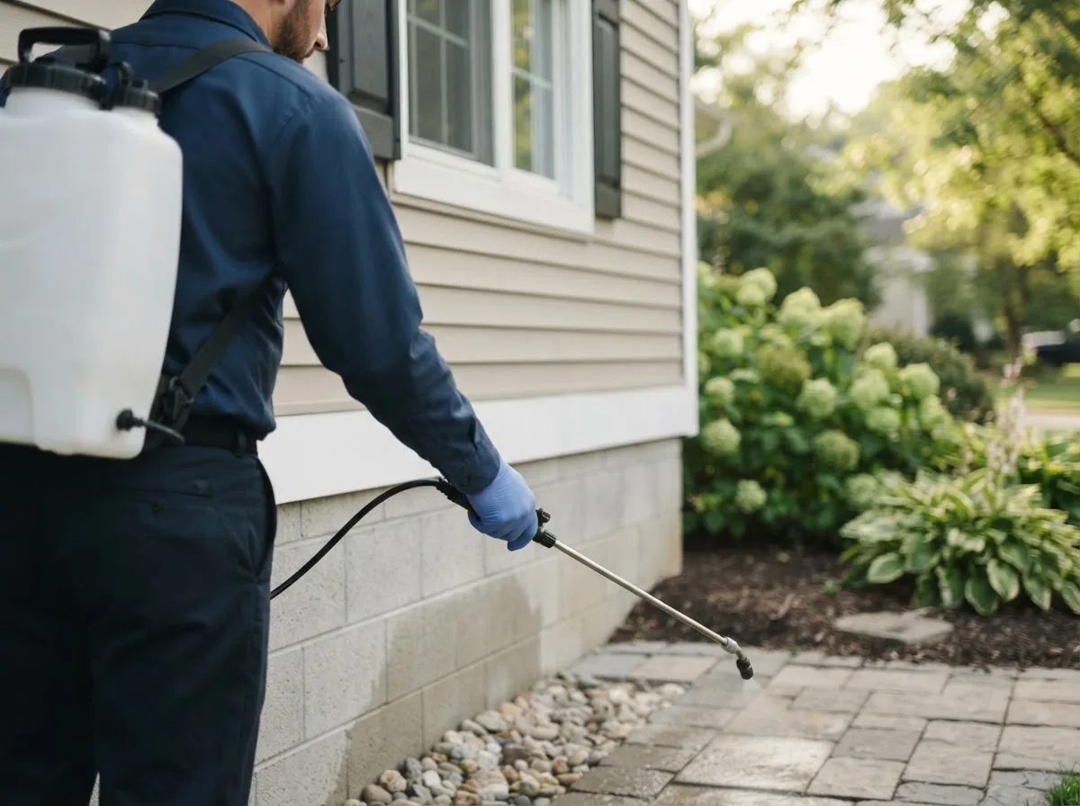 Pest control technician inspecting a home in Stout, OH